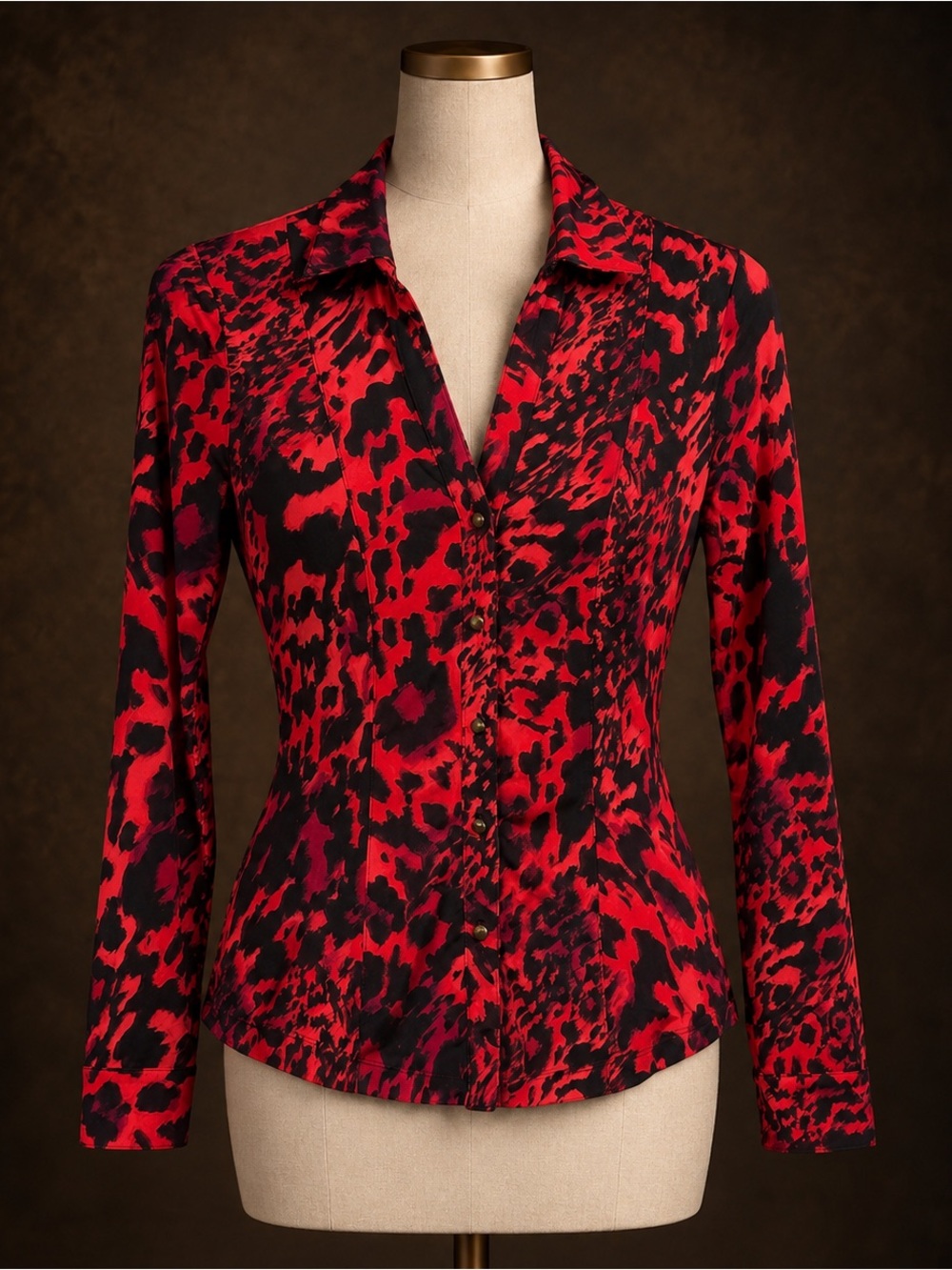 Cache Red and Black Animal-Print Button-Up Blouse